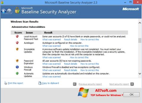 स्क्रीनशॉट Microsoft Baseline Security Analyzer Windows 7